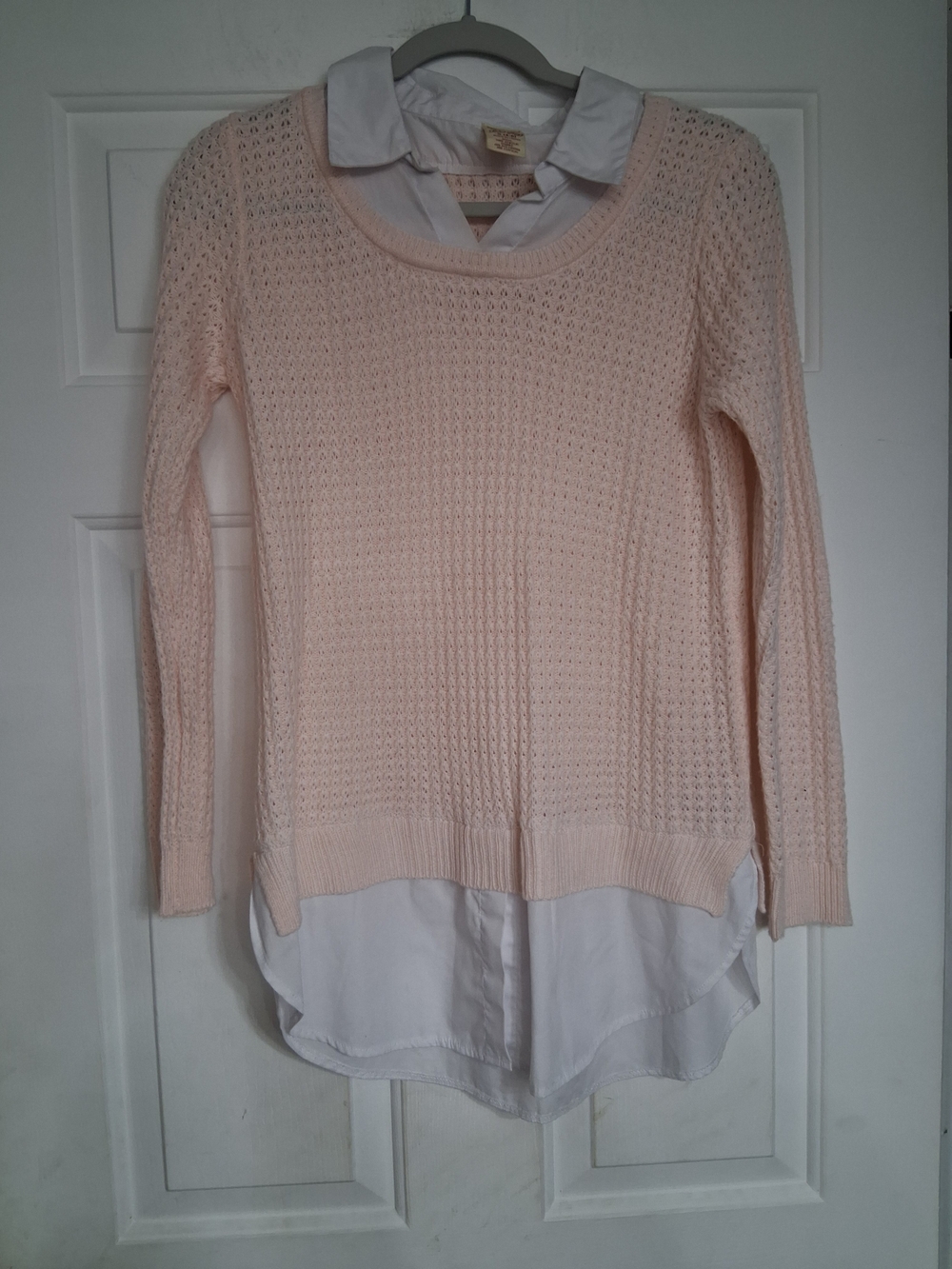 Faded Glory Light Pink Knit Sweater White Layered Collar Shirt Hem One Piece